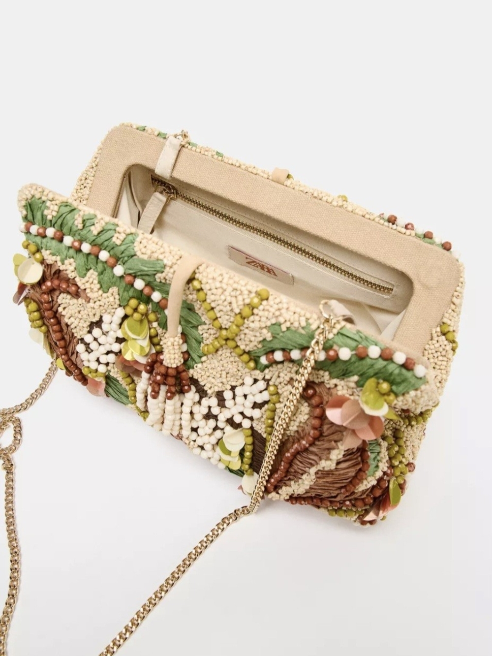 Zara Beaded Floral Clutch in Green, Tan & Pink - Picture 4 of 5